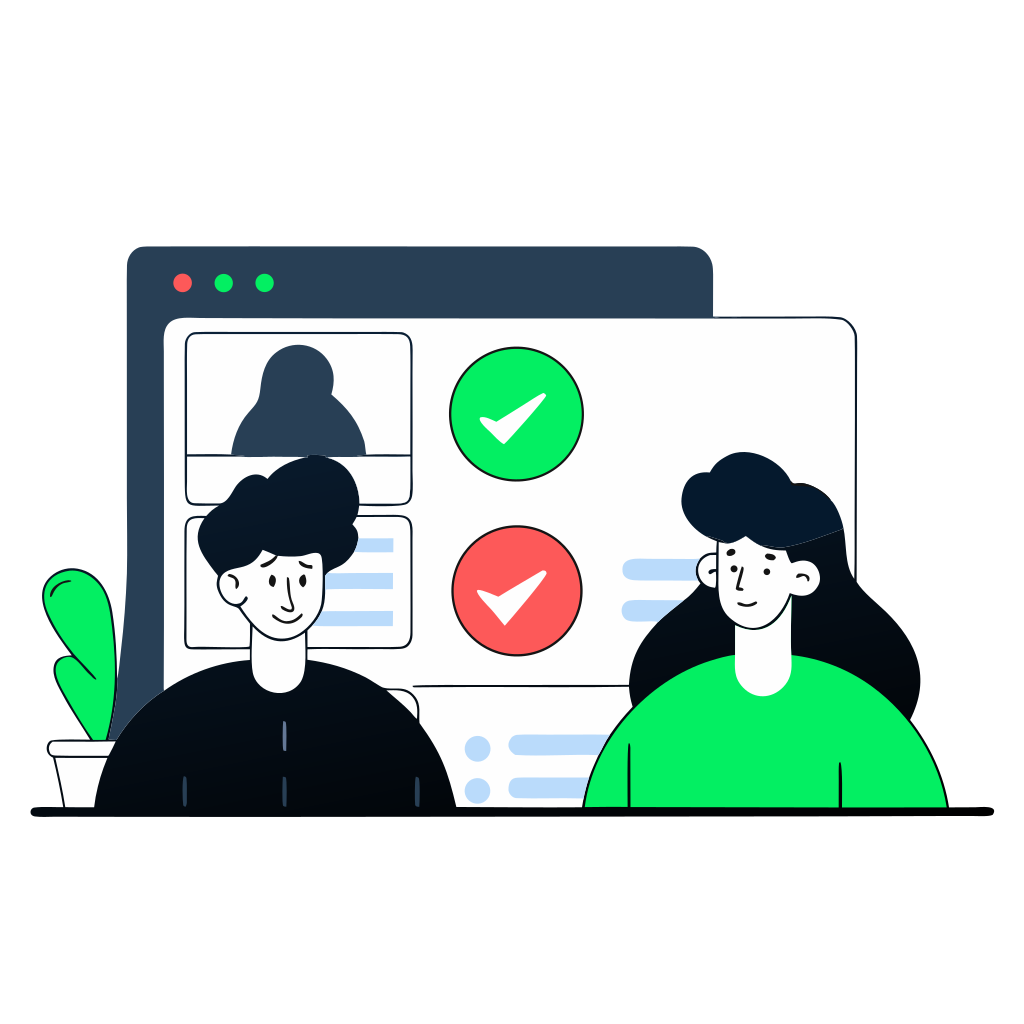 recraft: half: Test suite checklist with green pass and red fail indicators next to questions, automated testing dashboard, quality scorecard