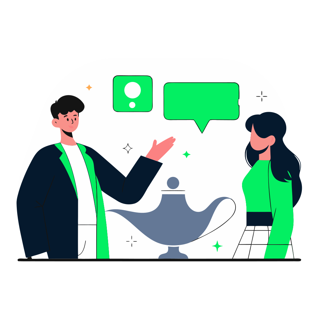 recraft: half: A person asking a question to a friendly AI assistant represented by a glowing genie lamp, natural conversation, data insights flowing out, modern tech illustration