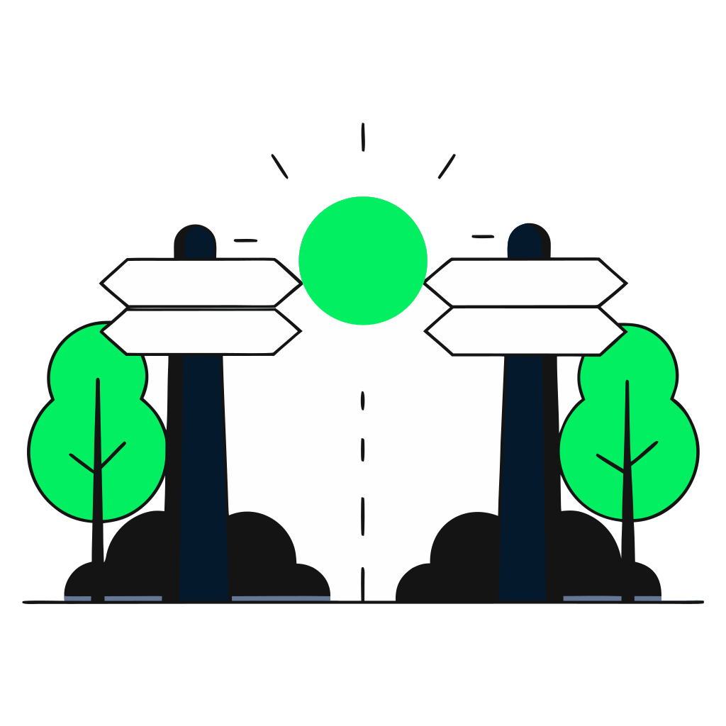 recraft: half: A path leading toward a bright horizon with multiple signposts pointing to different learning destinations, journey continuation, growth mindset, modern tech illustration