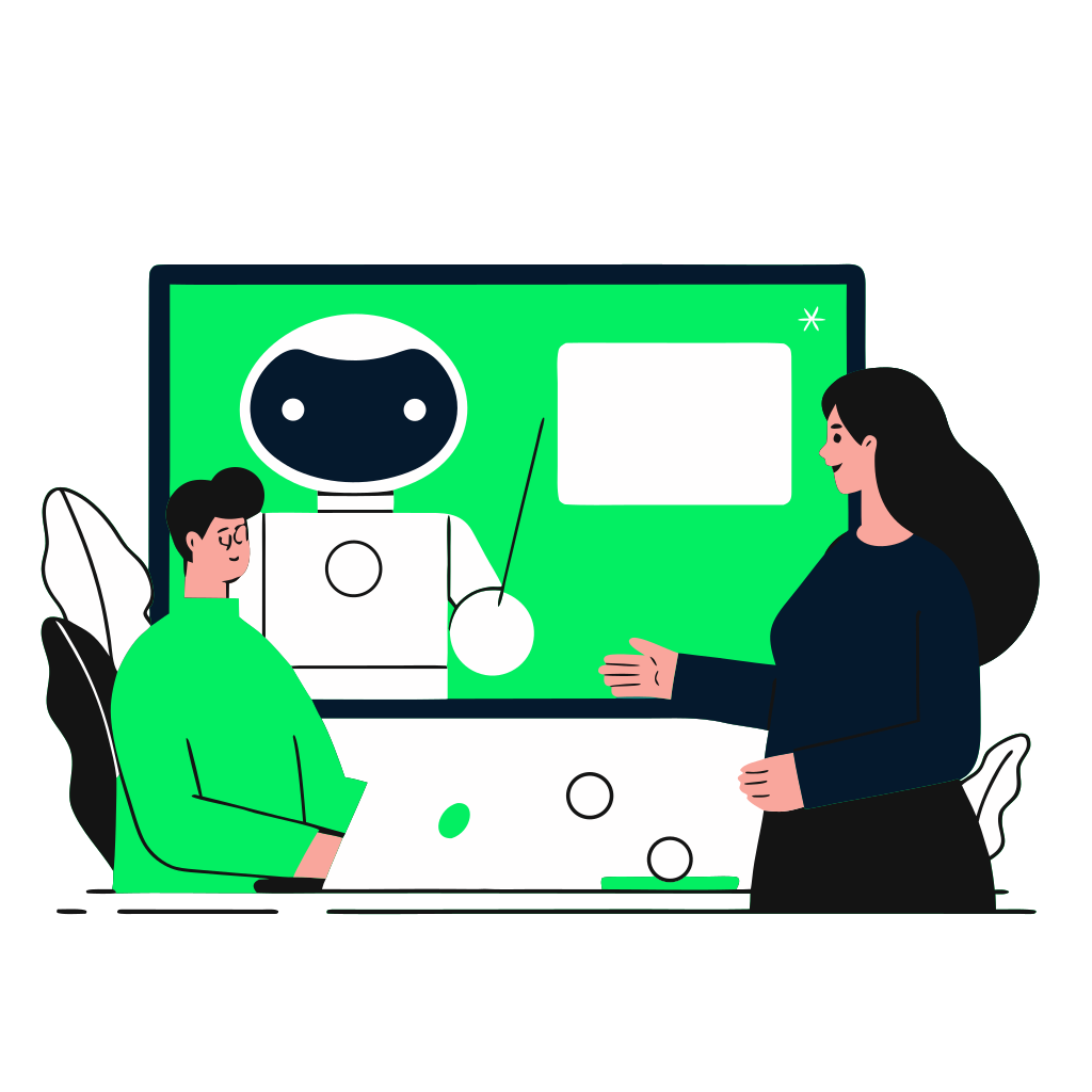 recraft: half: A teacher at a chalkboard teaching an AI robot student, business terminology and vocabulary words floating around, knowledge transfer, modern tech illustration