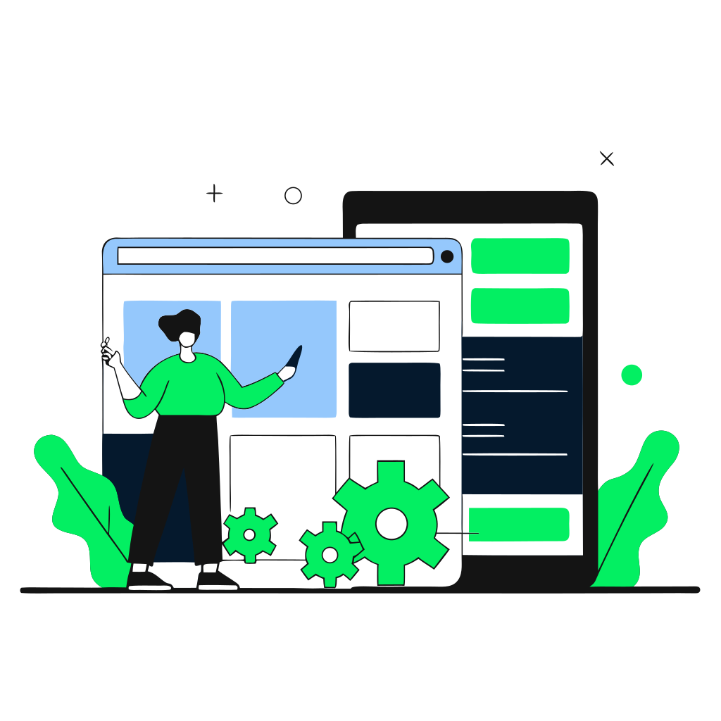 recraft: half: A person building and constructing a digital workspace, connecting data tables, configuring settings, architectural blueprint style, modern tech illustration