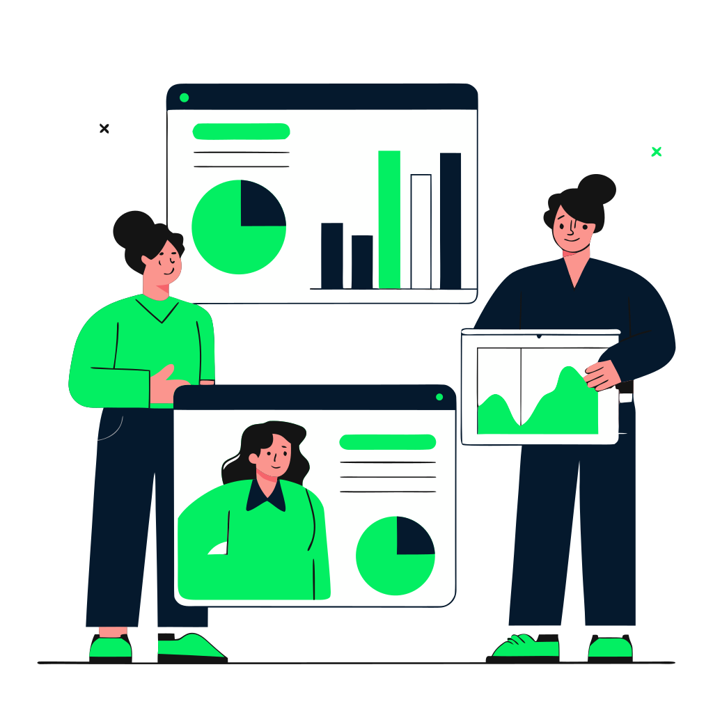 recraft: half: Vários membros da equipe com dashboards e gráficos consistentes