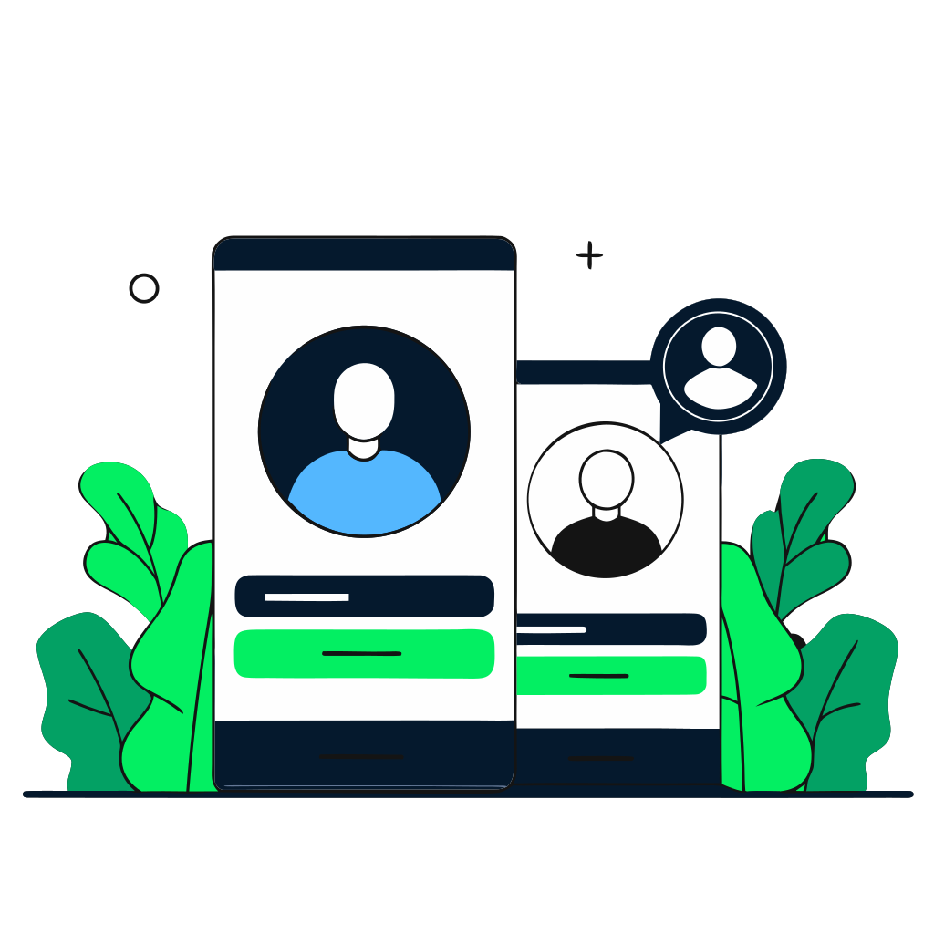 recraft: half: Perfil de conta e cliente ligados por uma chave de ID, estilo flat minimalista
