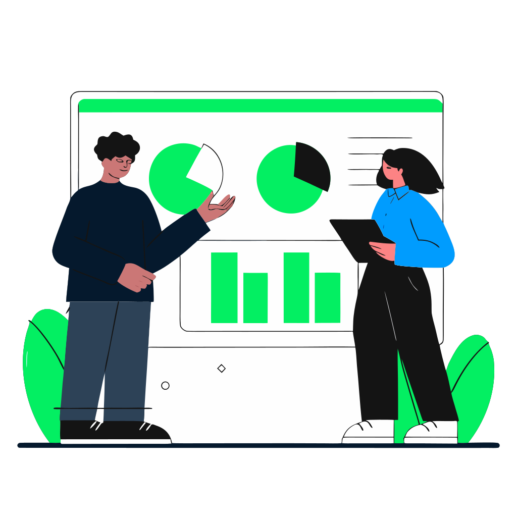 recraft: half: Equipe de analistas olhando o mesmo dashboard consistente