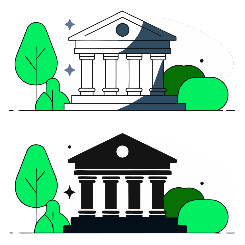 recraft: half: Dois ícones de banco com listas de transações se unindo em uma