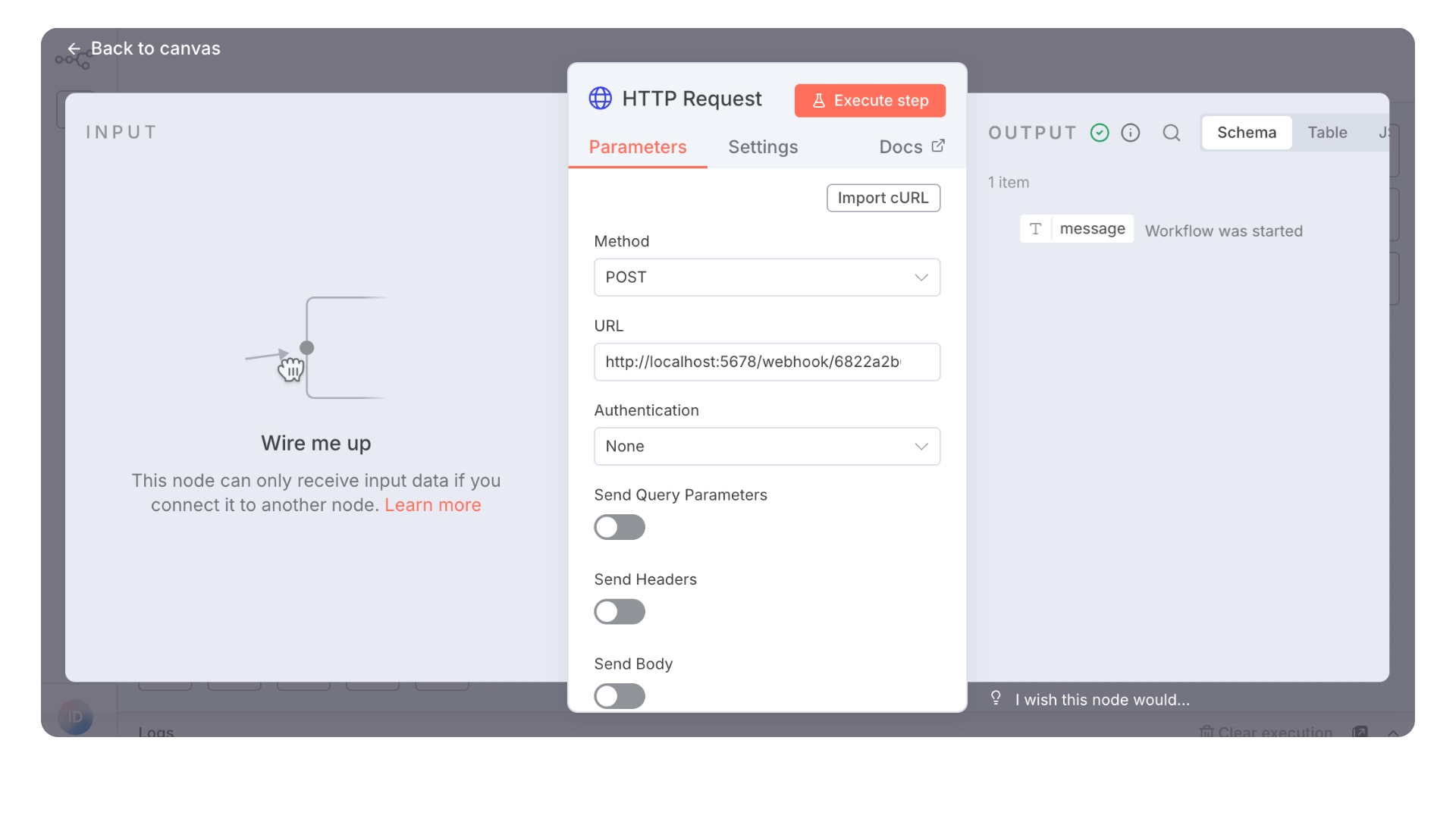 n8n HTTP Request node configured with POST method, showing the default webhook response message Workflow was started in the Output panel