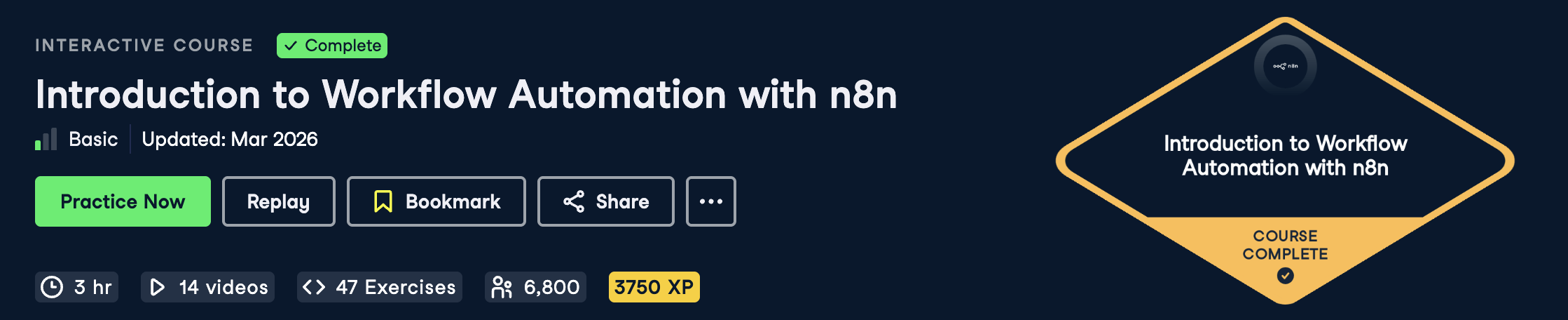 DataCamp course page for Introduction to Workflow Automation with n8n, showing course details and a completion badge