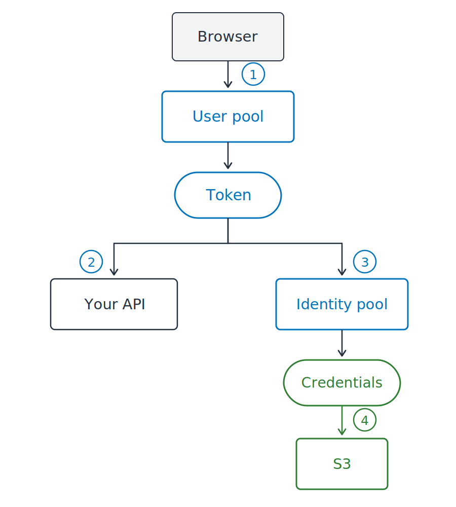 A vertical flow. A browser signs in at a user pool, which returns a token. That single token then branches two ways, left to your API and right to an identity pool. The identity pool returns credentials, and those credentials are what reach S3.