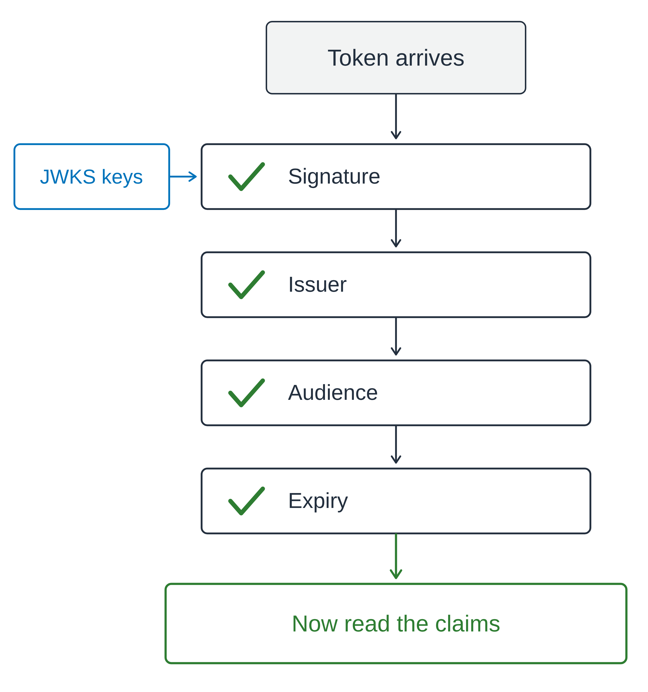 A vertical gate diagram. A token arrives and passes four ticked checks in order: signature, issuer, audience and expiry. The issuer's public keys feed into the signature check from the side, and only past the fourth check does the path reach a green box for reading the claims.