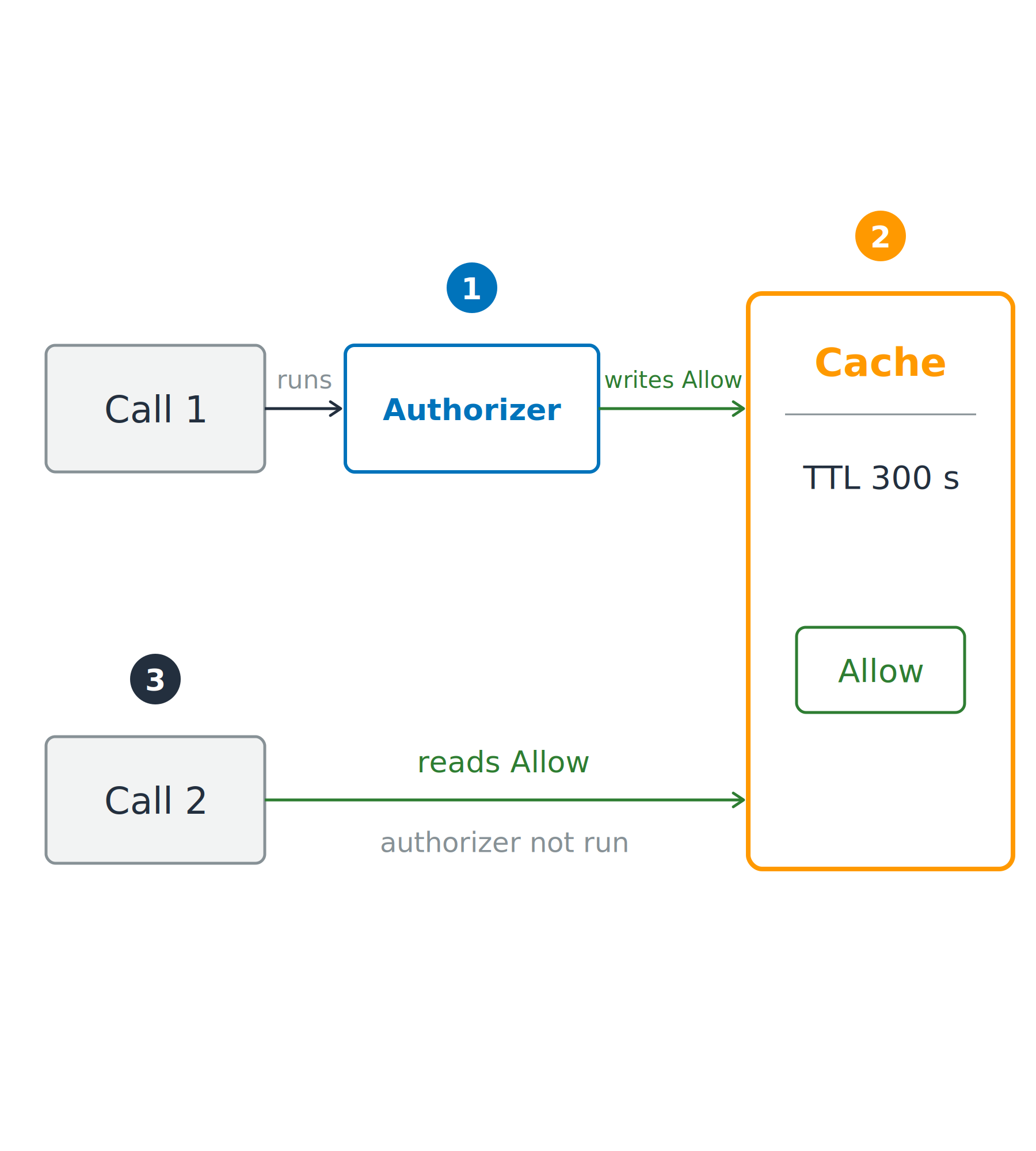 The first call runs the authorizer and writes an allow into a cache with a time to live, and a later call reads that allow from the cache without running the authorizer again.