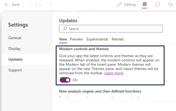 The Power Apps Settings dialog on the Updates tab, New sub-tab selected, with the Modern controls and themes toggle switched On