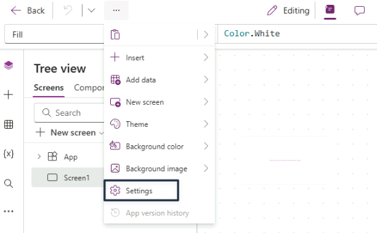 The three-dot menu open in the Power Apps Studio command bar, with Settings highlighted below Insert, Add data, New screen, Theme, and the background options