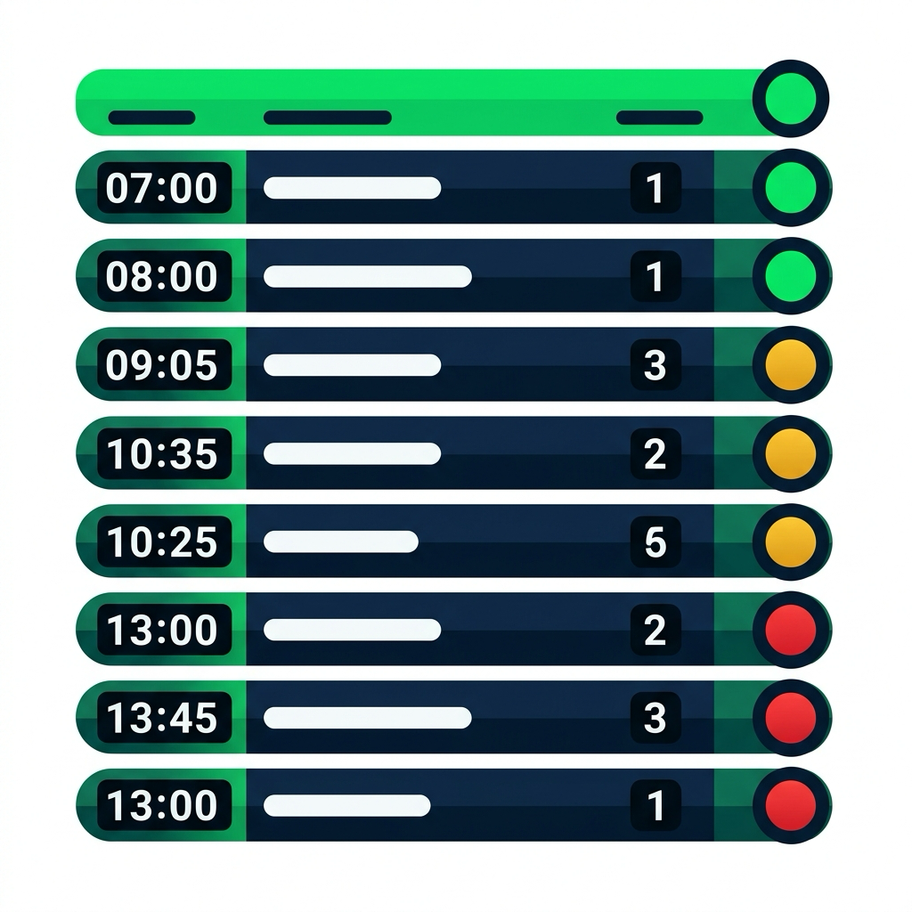Railway departure board with rows of services, each with a colored status light: green for on time, amber for delayed, red for stopped