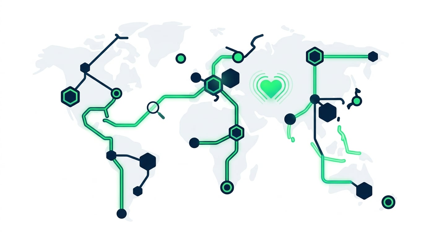 A stylized distributed service map with nodes connected by glowing trace lines and a heart-shaped health indicator pulsing in the center