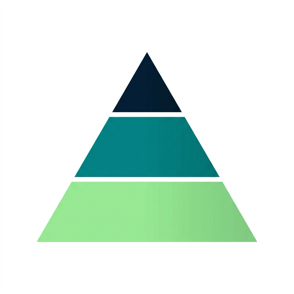 Three-tier pyramid: a narrow dark top tier, a wider teal middle tier, and a widest green bottom tier