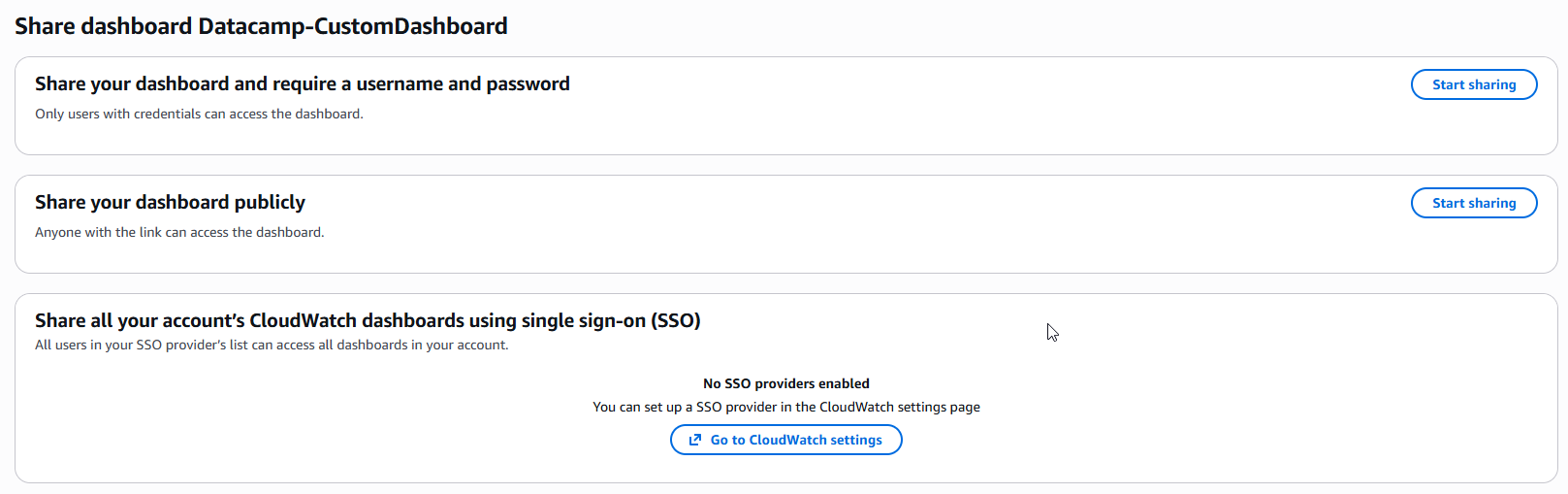 CloudWatch console showing the dashboard sharing configuration options