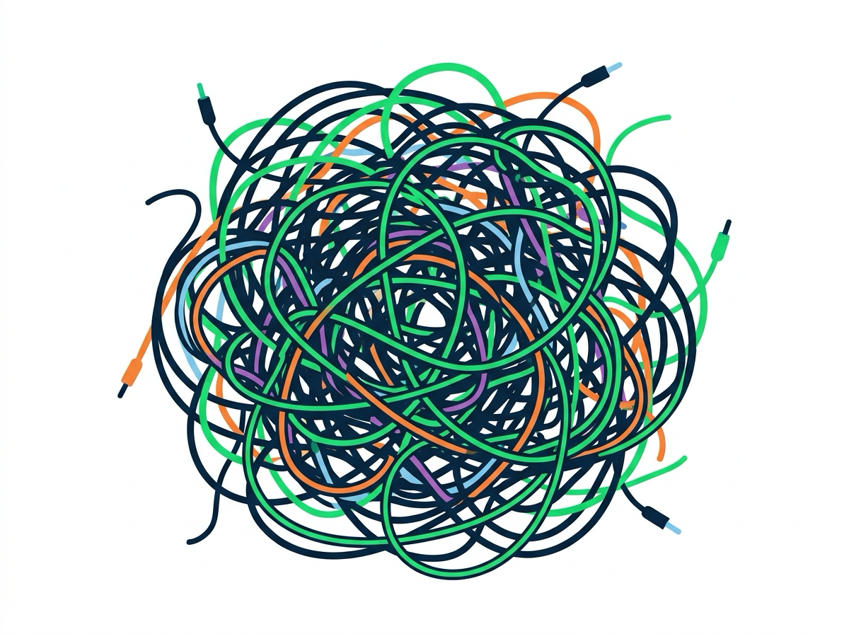 A big tangled knot of many colored threads snarled together, conveying how hard it is to trace one request through a distributed system
