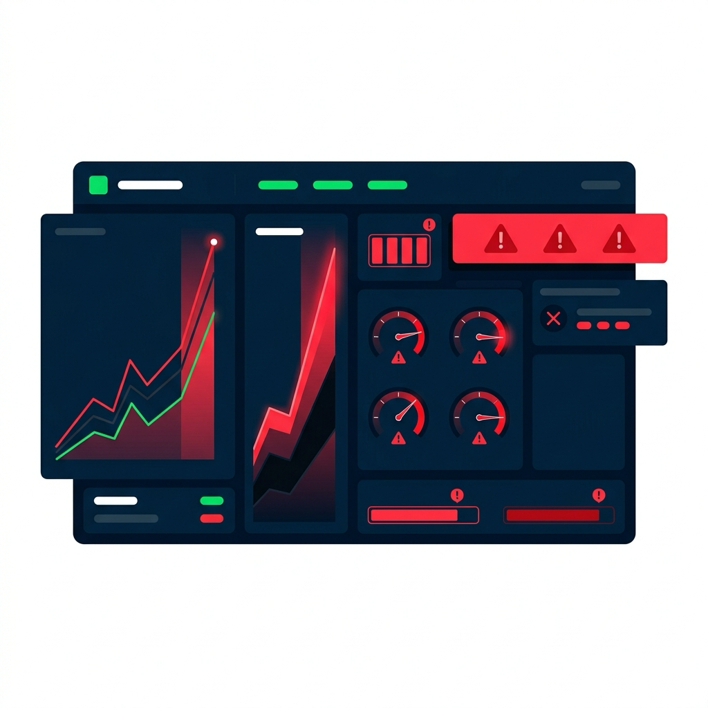 Monitoring dashboard during a traffic spike: line charts spiking upward, gauges pinned in the red zone, red alert banners