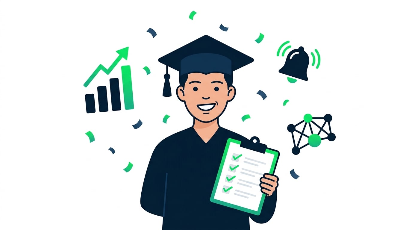 A confident person in a graduation cap holding a checklist with checkmarks, surrounded by floating monitoring tool icons and falling confetti