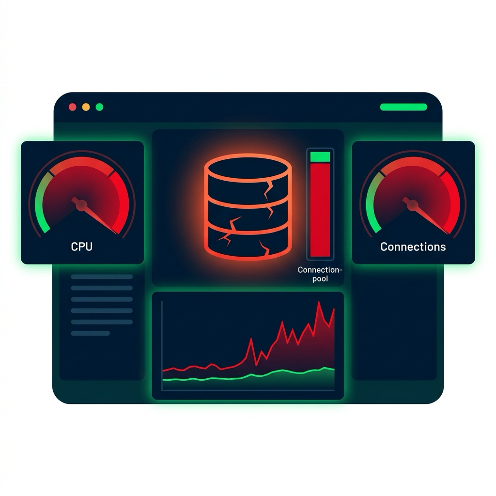 Monitoring dashboard showing a database bottleneck: a cracked red database icon, CPU and connections gauges maxed in red, a steeply climbing query-latency chart, connection-pool bar nearly full