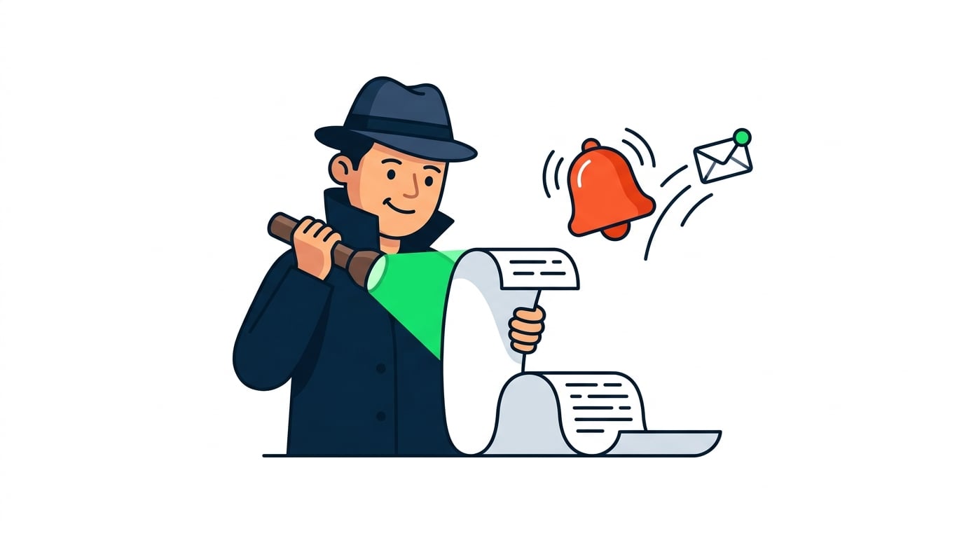 A friendly investigator with a flashlight reading a long paper log scroll, with a ringing alarm bell and a notification envelope