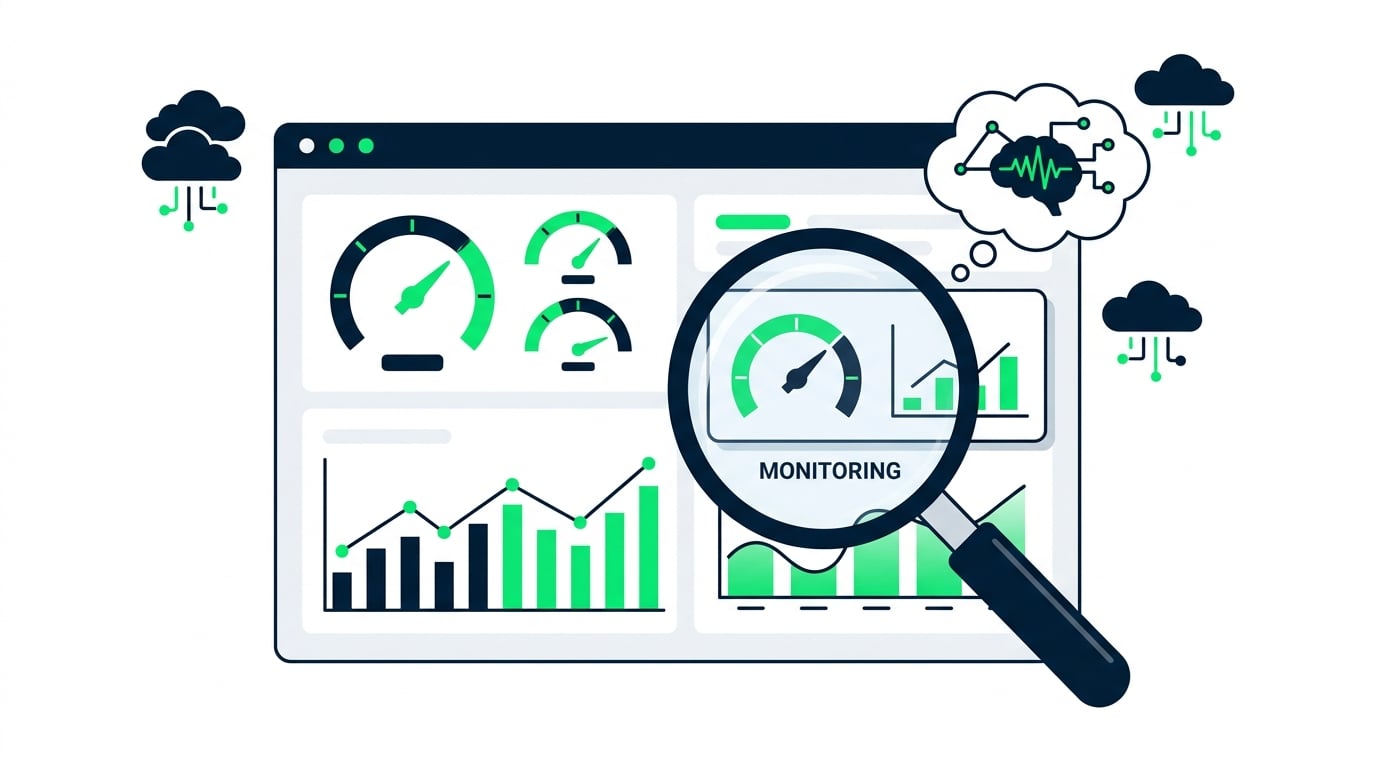 A CloudWatch-style dashboard with gauges, line and bar charts, and a magnifying glass focused on a 'monitoring' panel beside an observability thought bubble