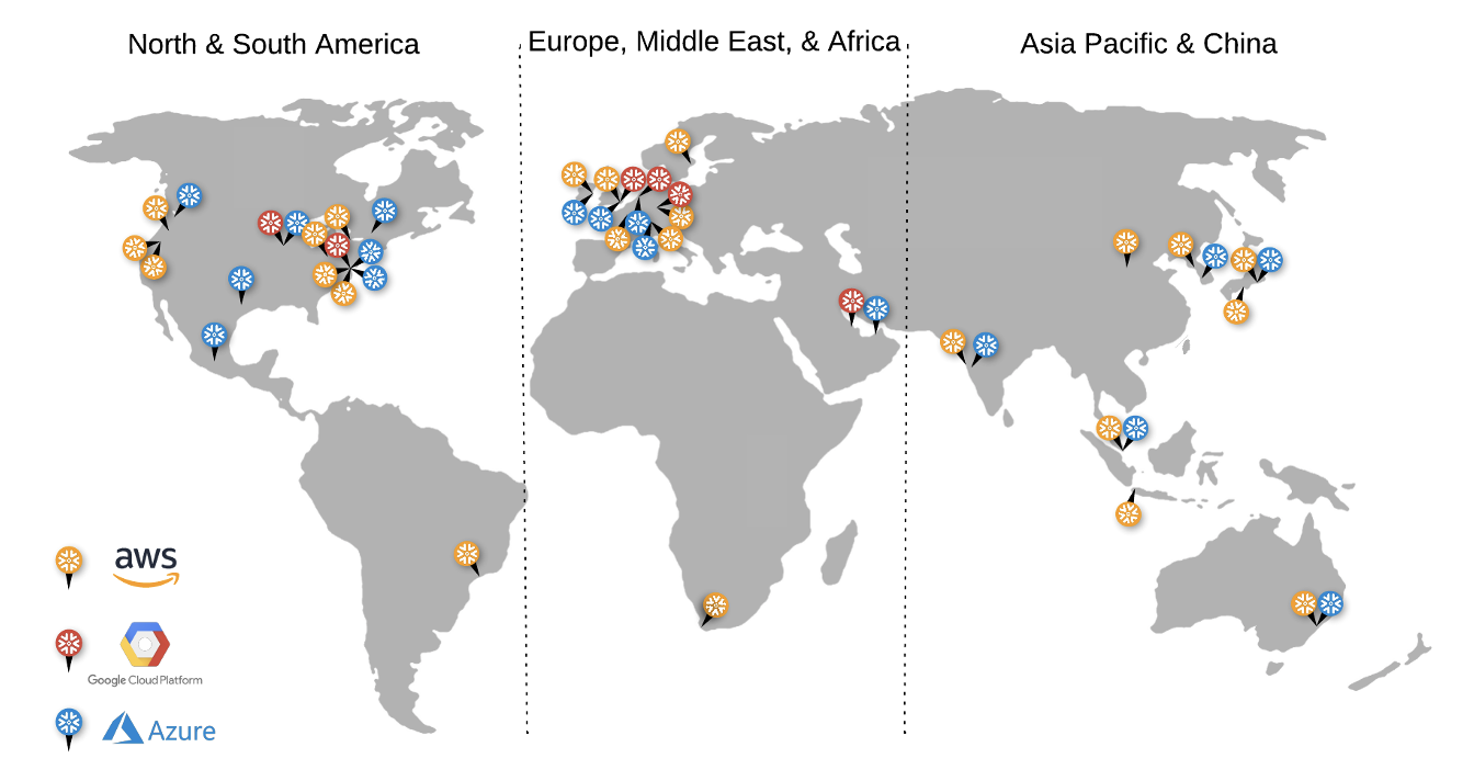 Global coverage of providers Snowflake can use and their data centres