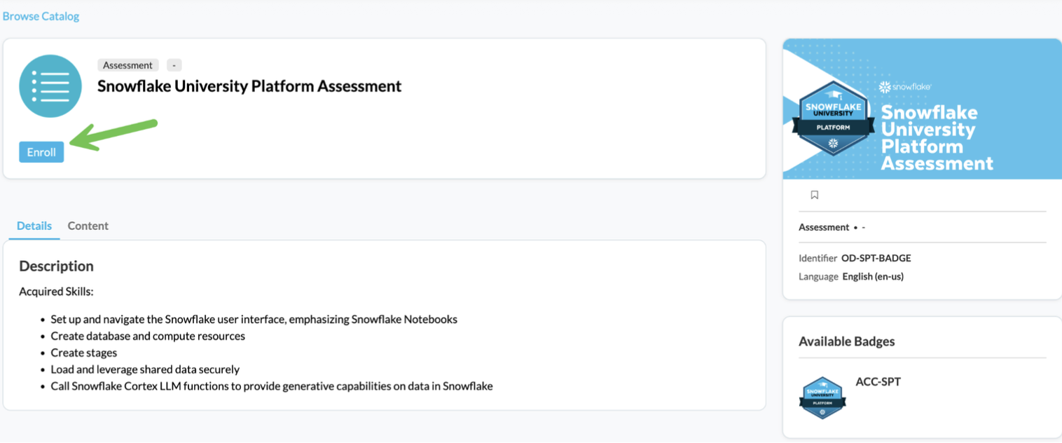 Snowflake University Platform Assessment enrollment page