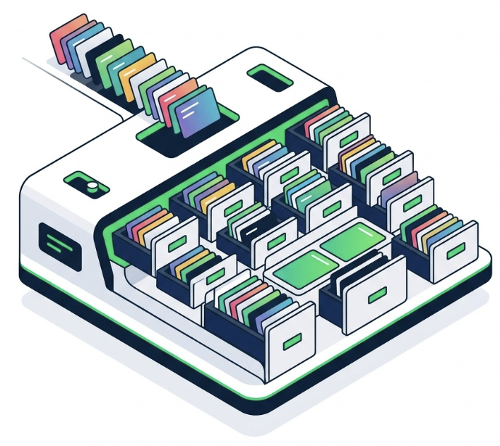 Isometric view of a data sorting system distributing data into organized partitioned drawers