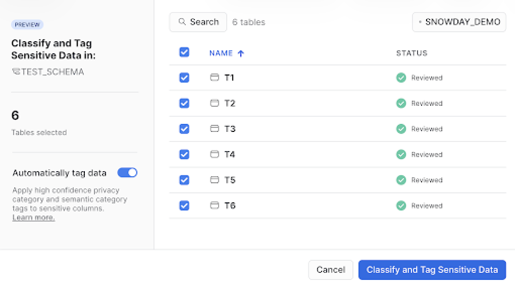 Screenshot of Snowsight data classification