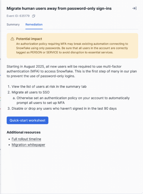 placeholder: Trust Center finding detail panel in Snowsight showing a high-severity finding recommending that users be migrated from password-only authentication to SSO, with a remediation description and link to documentation
