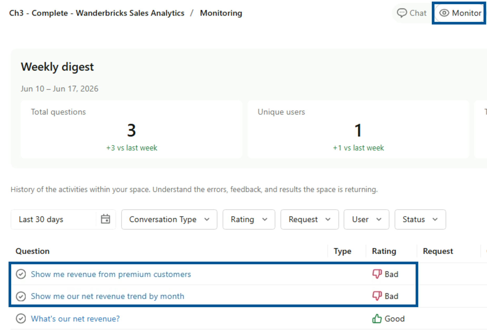 SCREENSHOT: The Genie Monitor tab showing a list of conversations with thumbs-up and thumbs-down ratings, filtered to the thumbs-down ones