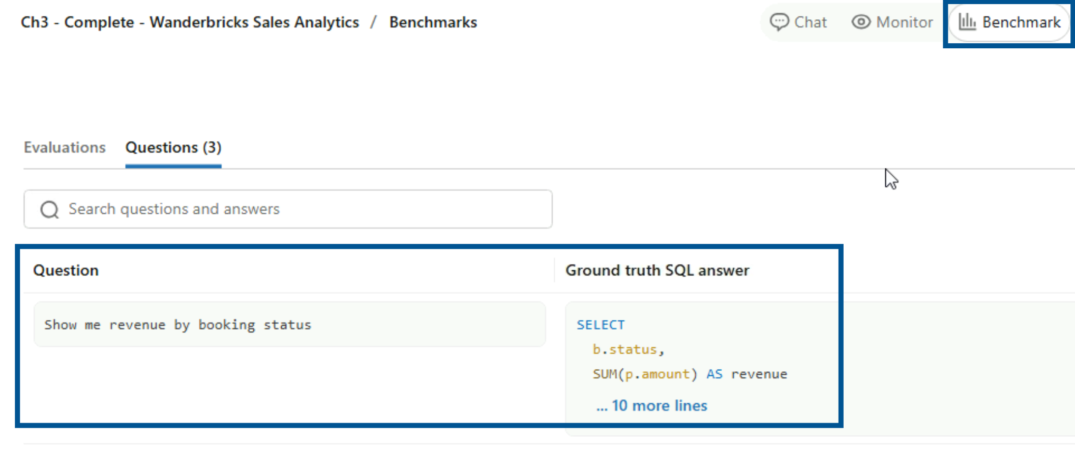 SCREENSHOT: The Genie Benchmark tab listing fixed questions each paired with a ground-truth SQL answer