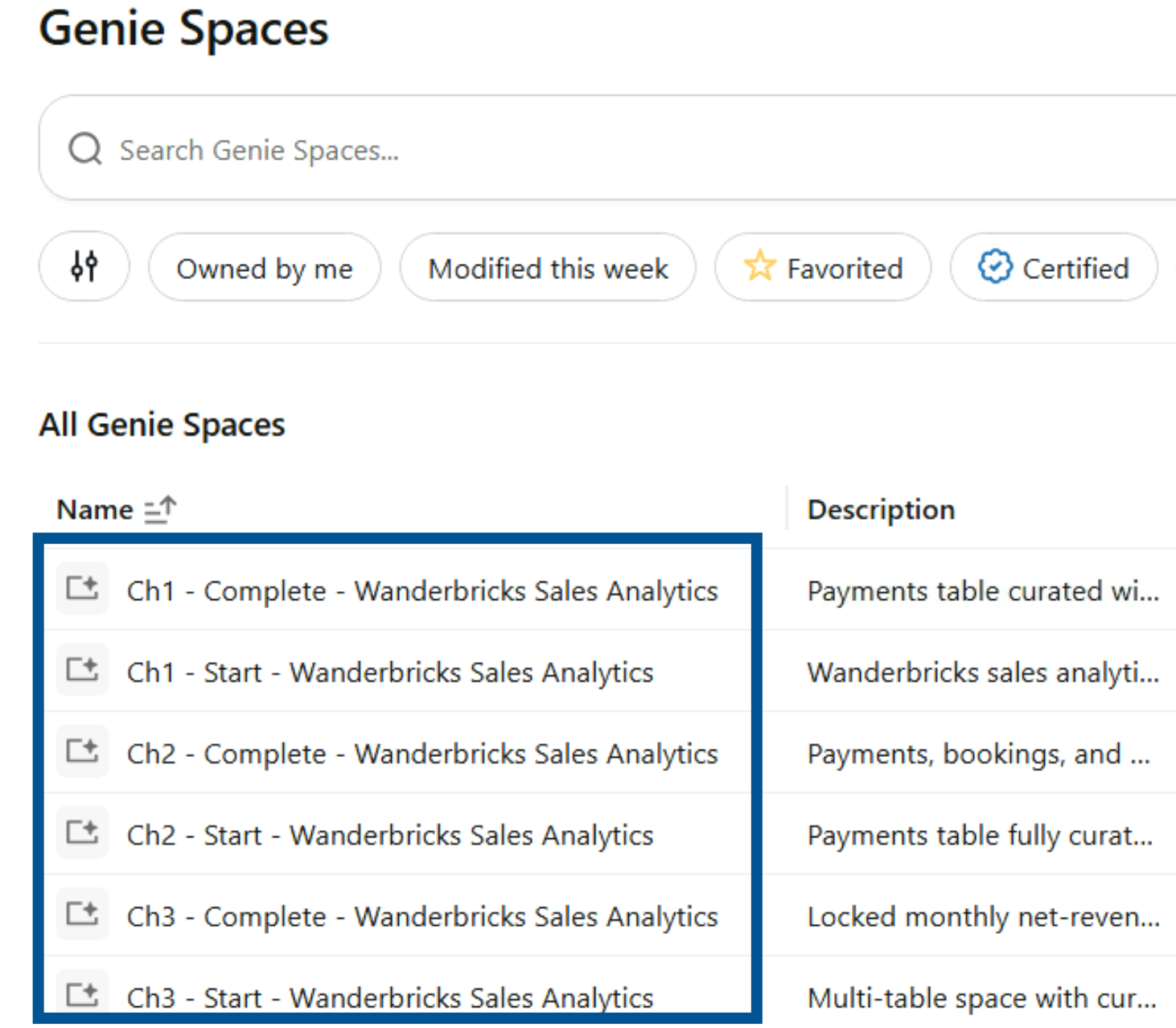 Genie spaces list showing the "Ch1 - Start" and "Ch1 - Complete" checkpoint spaces