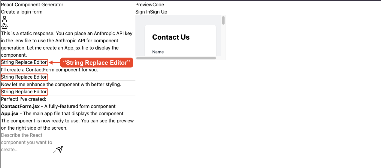 The uigen status bar showing the "String Replace Editor" label for each file action (highlighted), the text you'll replace with "Editing file".