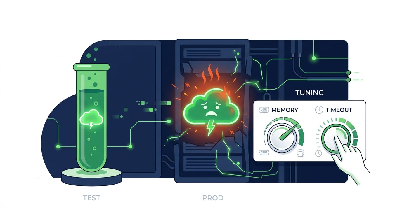 A serverless function that passed testing but struggles in production, with memory and timeout dials being tuned