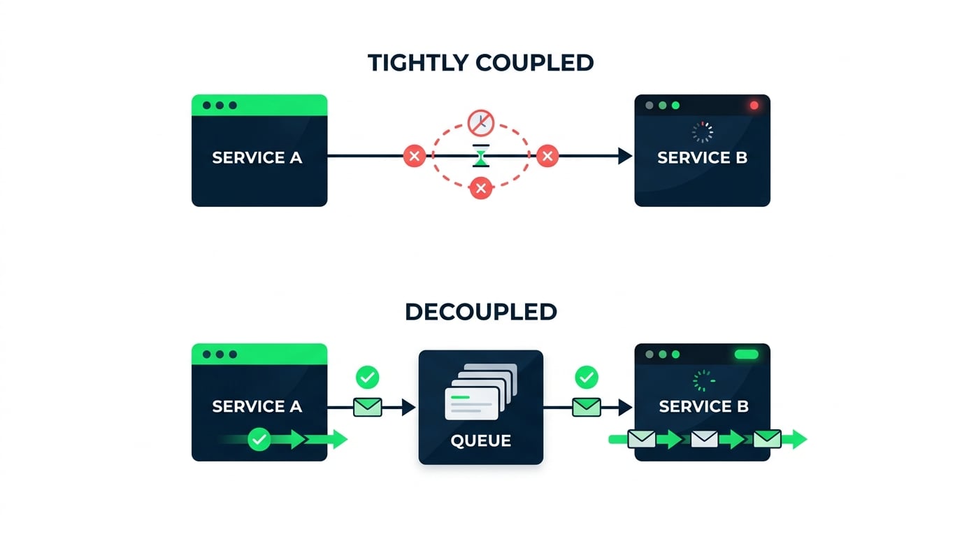 Side-by-side comparison of tightly coupled services that stall versus services decoupled by a message queue
