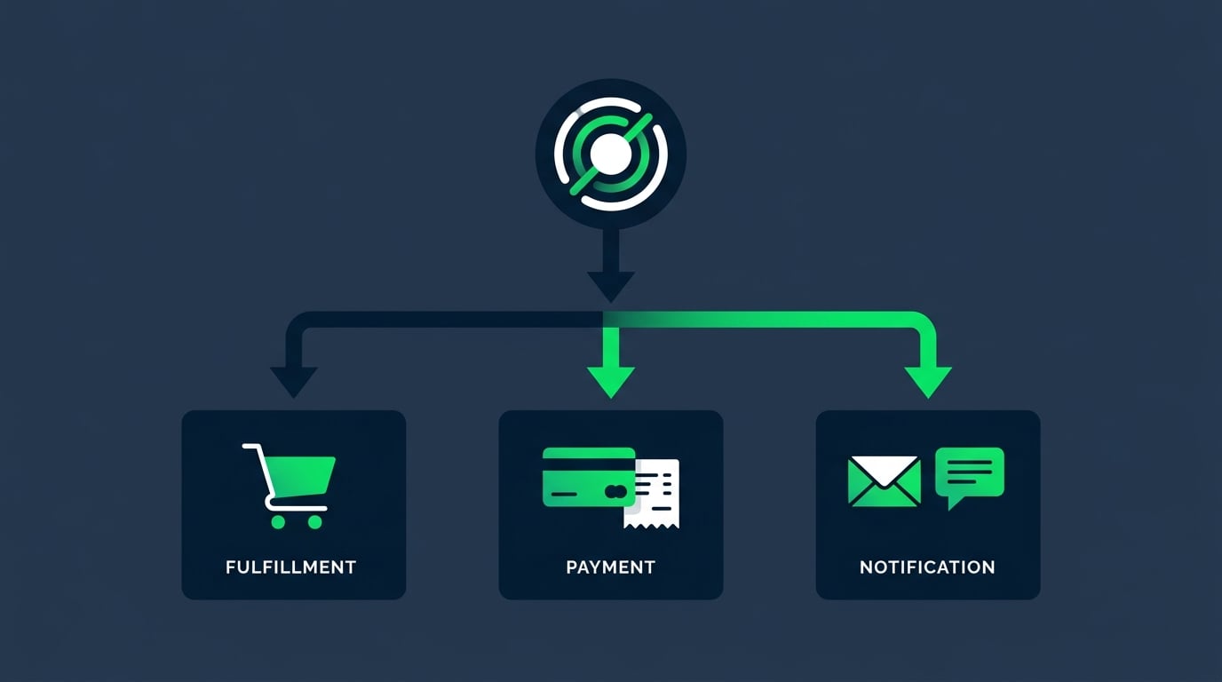One event fanning out from a central topic to multiple downstream services in parallel