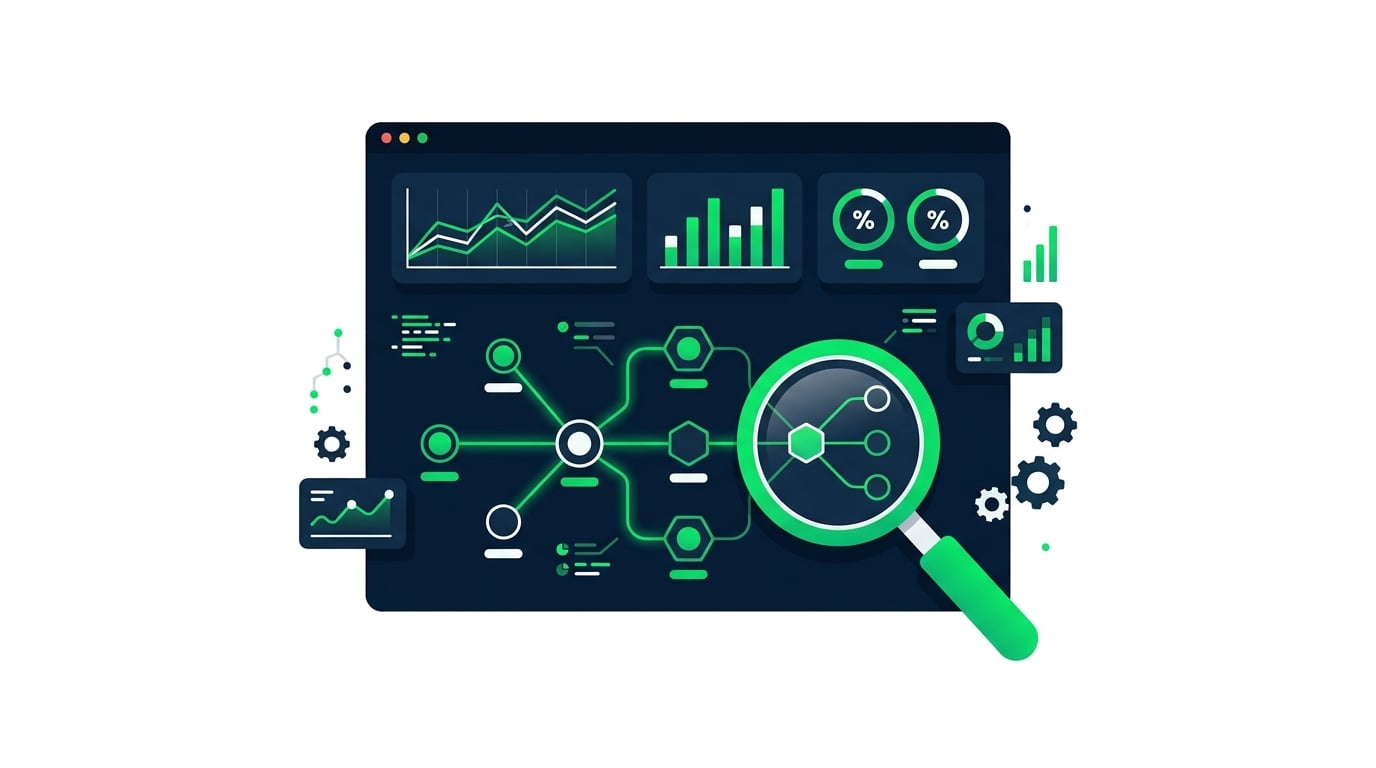 A monitoring dashboard with healthy charts, a service map, and a magnifying glass