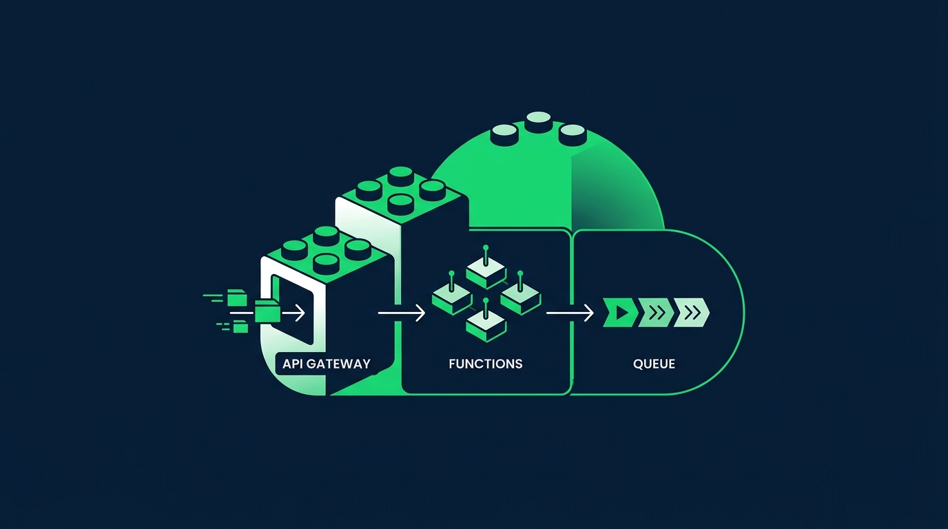 Building blocks assembling into a cloud application with an API gateway, functions, and a message queue