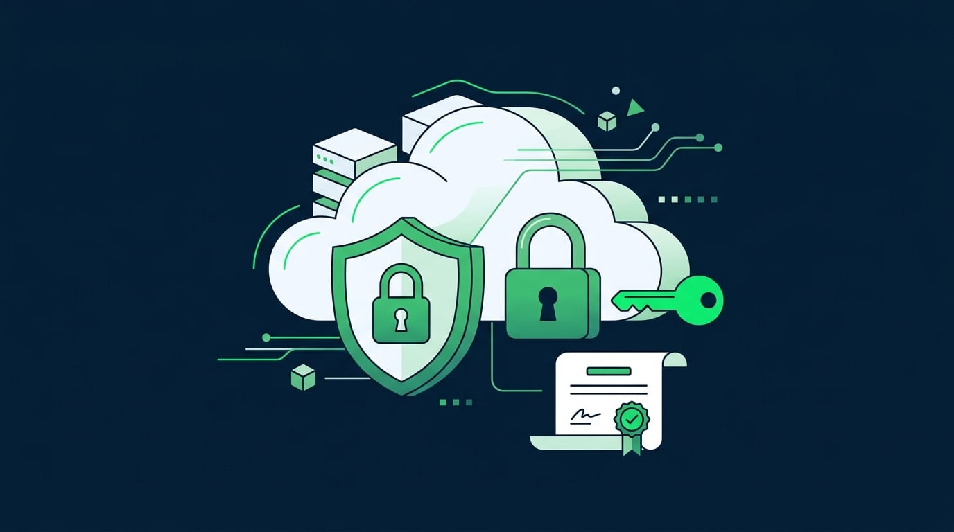 A shield, padlock, key, and certificate protecting a deployed cloud application