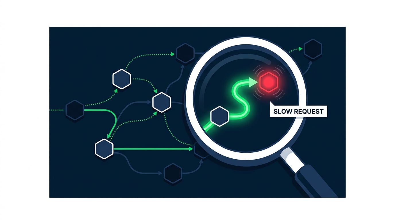 A magnifying glass tracing one slow request across a distributed service map with a red bottleneck node