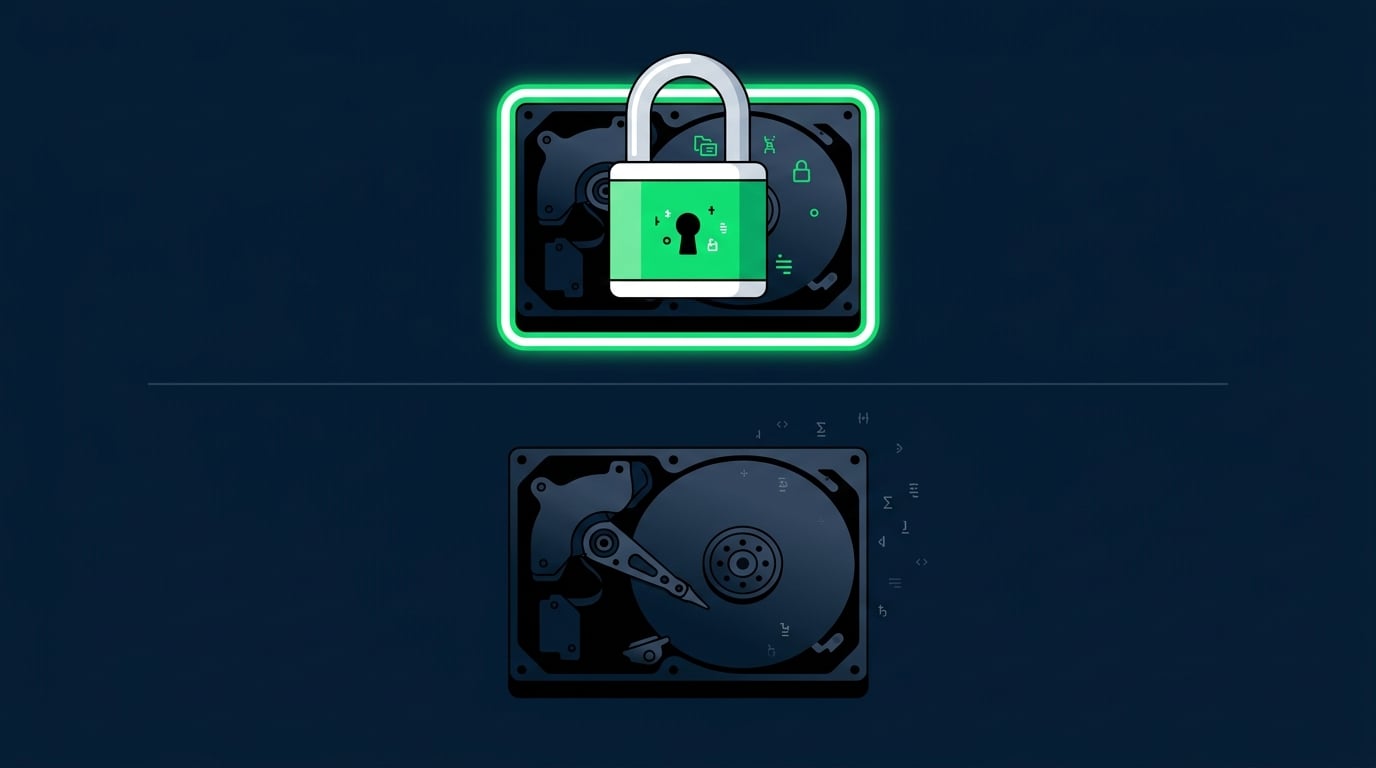 A disk protected by a padlock representing encryption at rest versus an unprotected disk