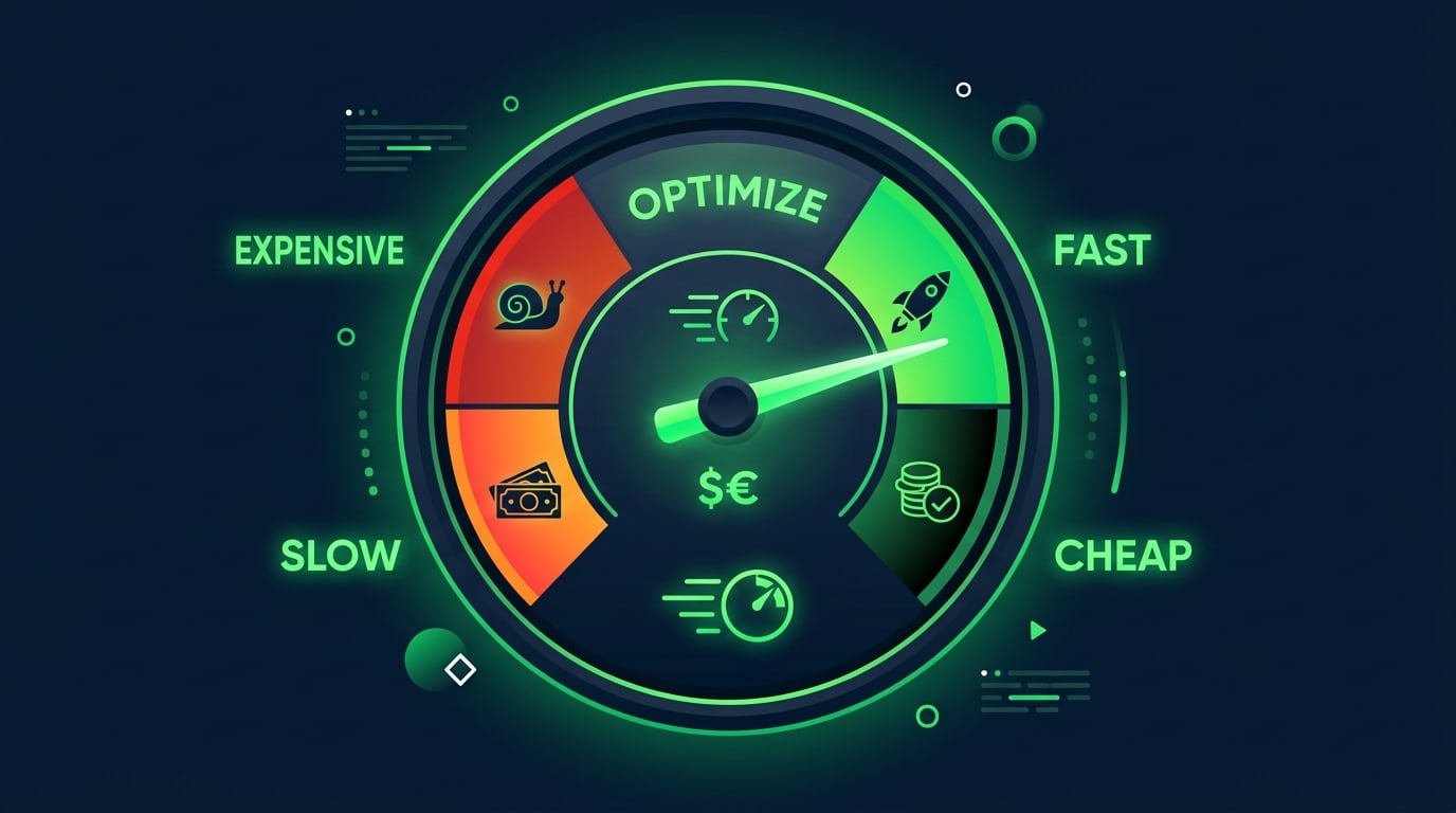 A speed-and-cost gauge showing a function that is both slow and expensive, pointing toward optimization