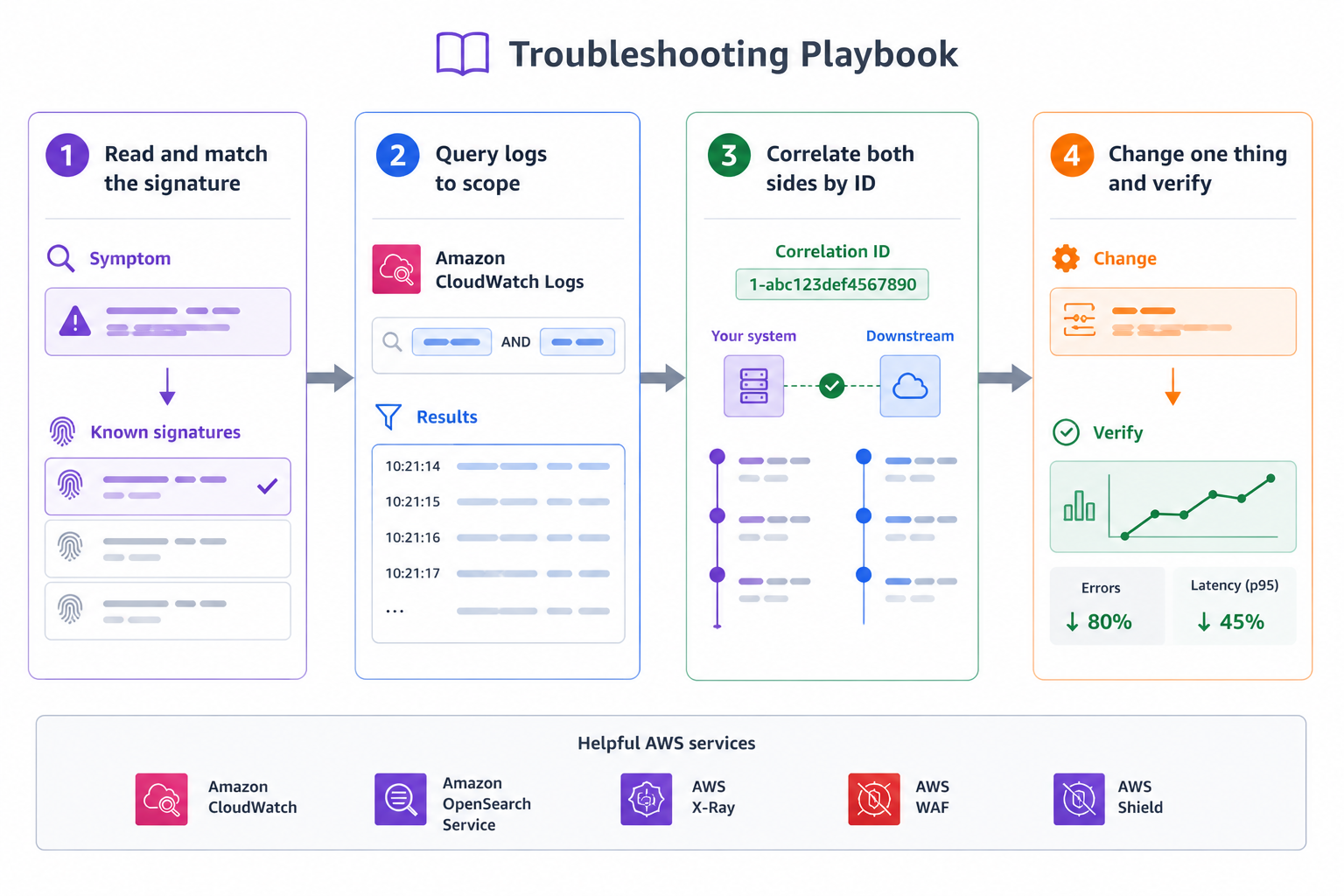 Four-step troubleshooting playbook: Read error and match signature, Query logs with Insights to scope it, Correlate both sides by trace ID, Change one thing and verify
