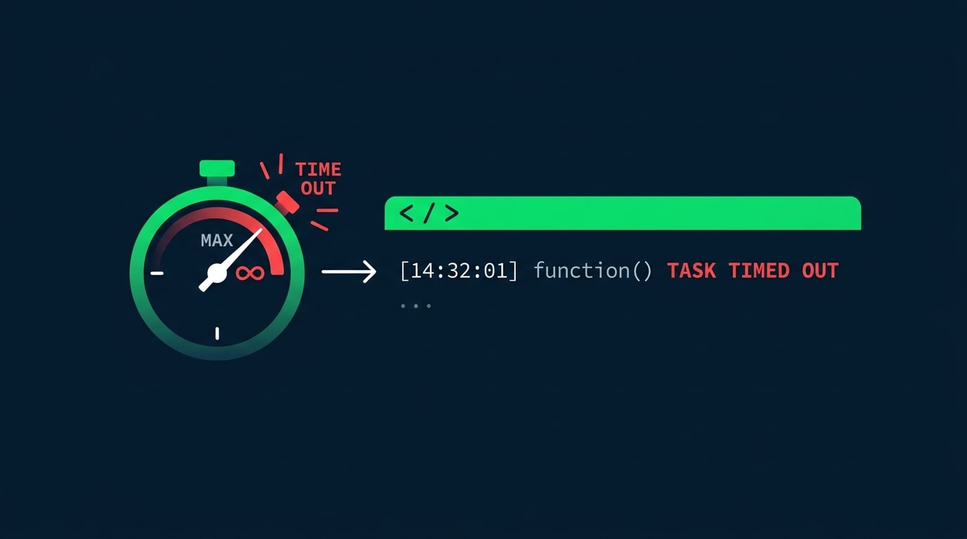 A stopwatch beside an error log line showing a Lambda task that timed out