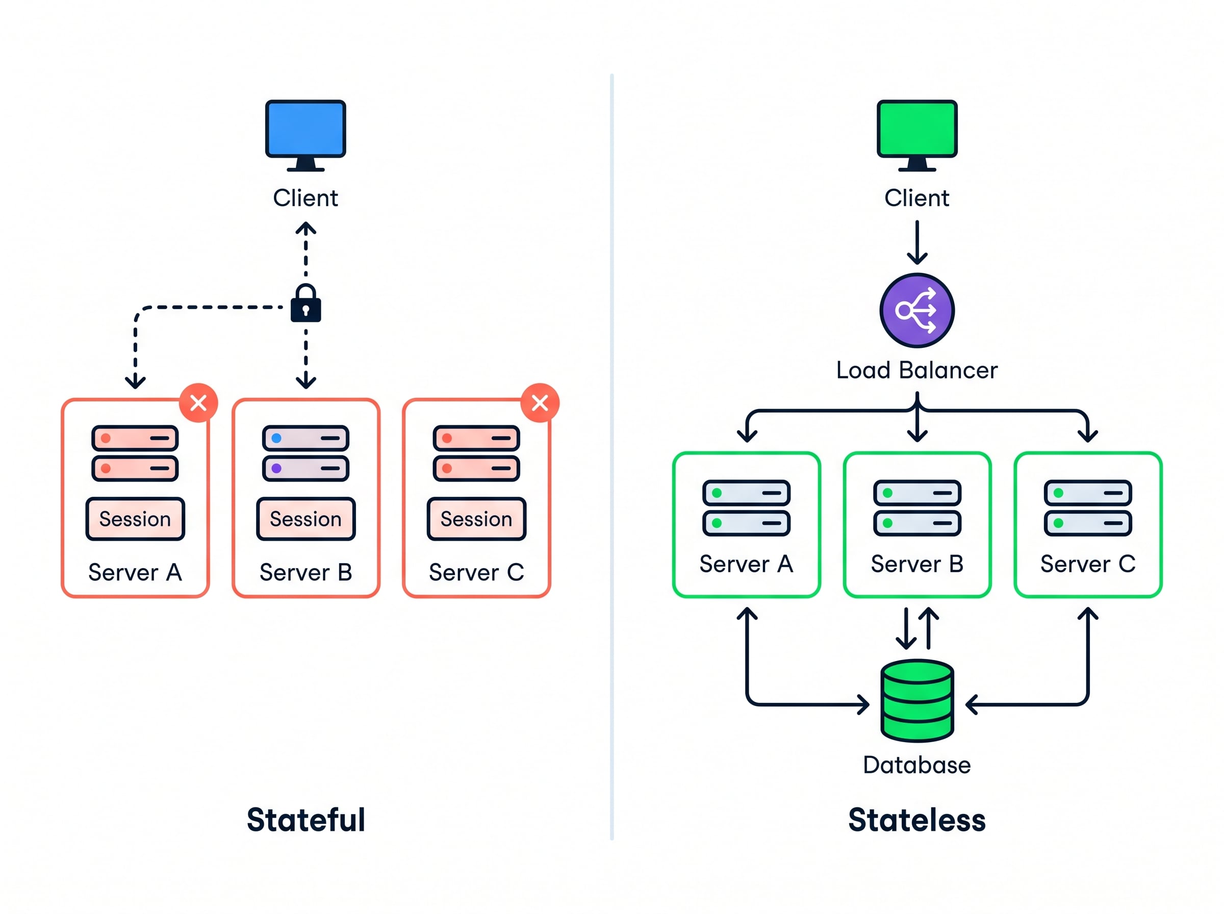 Stateless function instance that any request can reach on the left versus a stateful instance tied to one client session on the right
