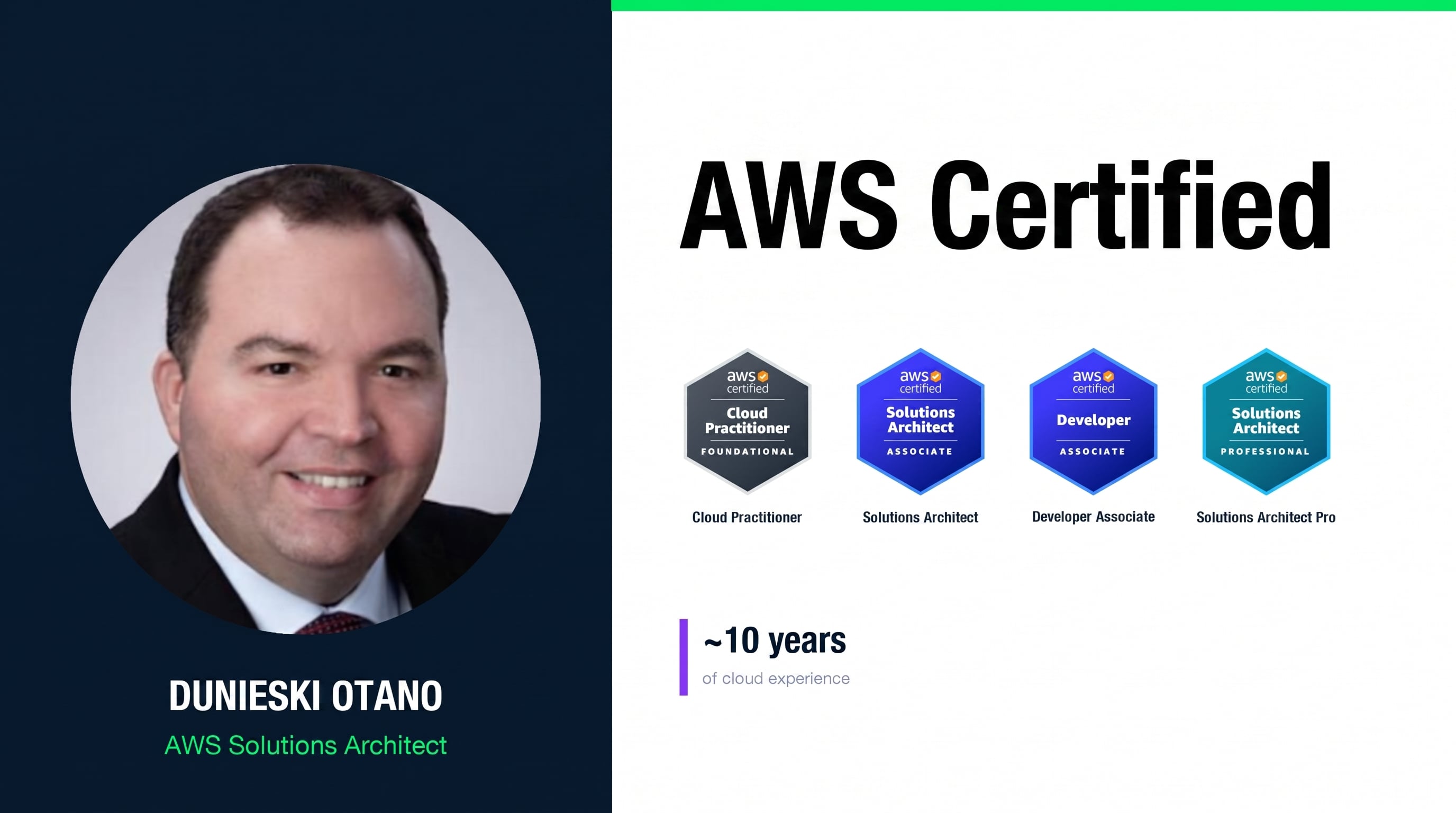 Course instructor Dunieski Otano, an AWS Solutions Architect, with around ten years of cloud experience