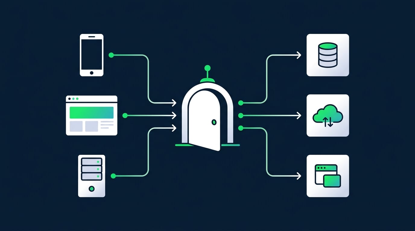 Three client types connecting through a single API Gateway that routes requests to backend services