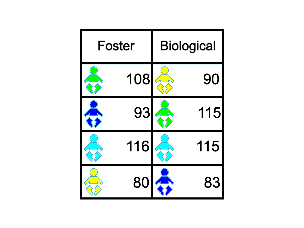 The table of twins IQs has had each column permuted, so that pairs of twins no longer appear together on the same row.